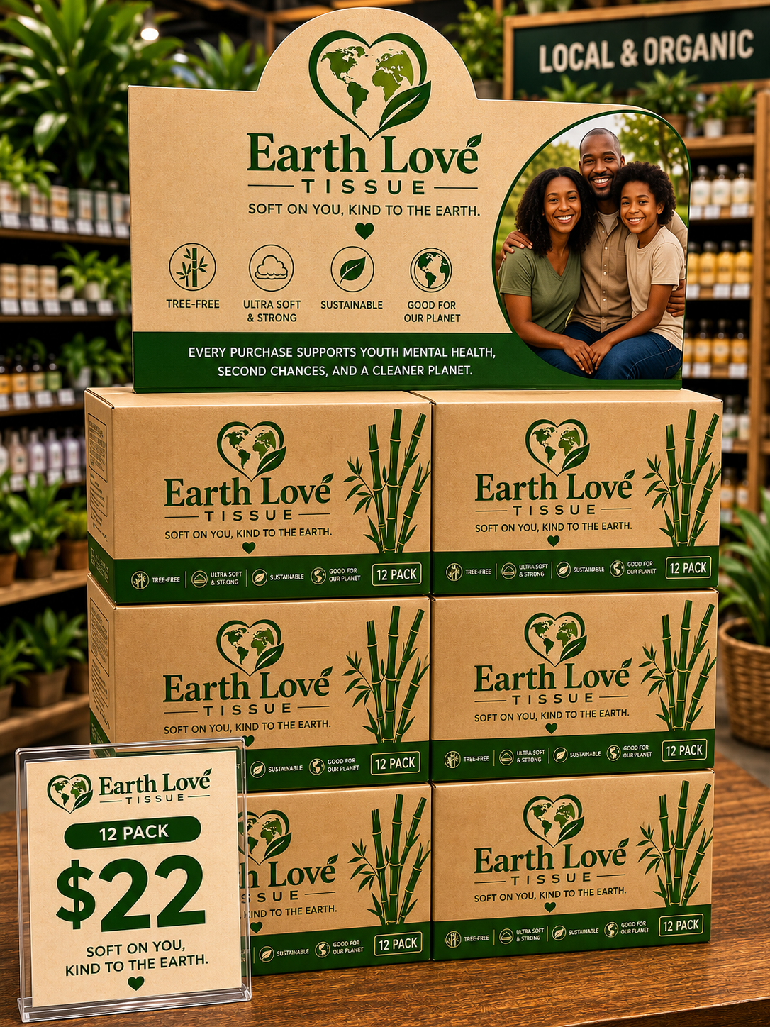 Earth Love Tissue retail display for local stores