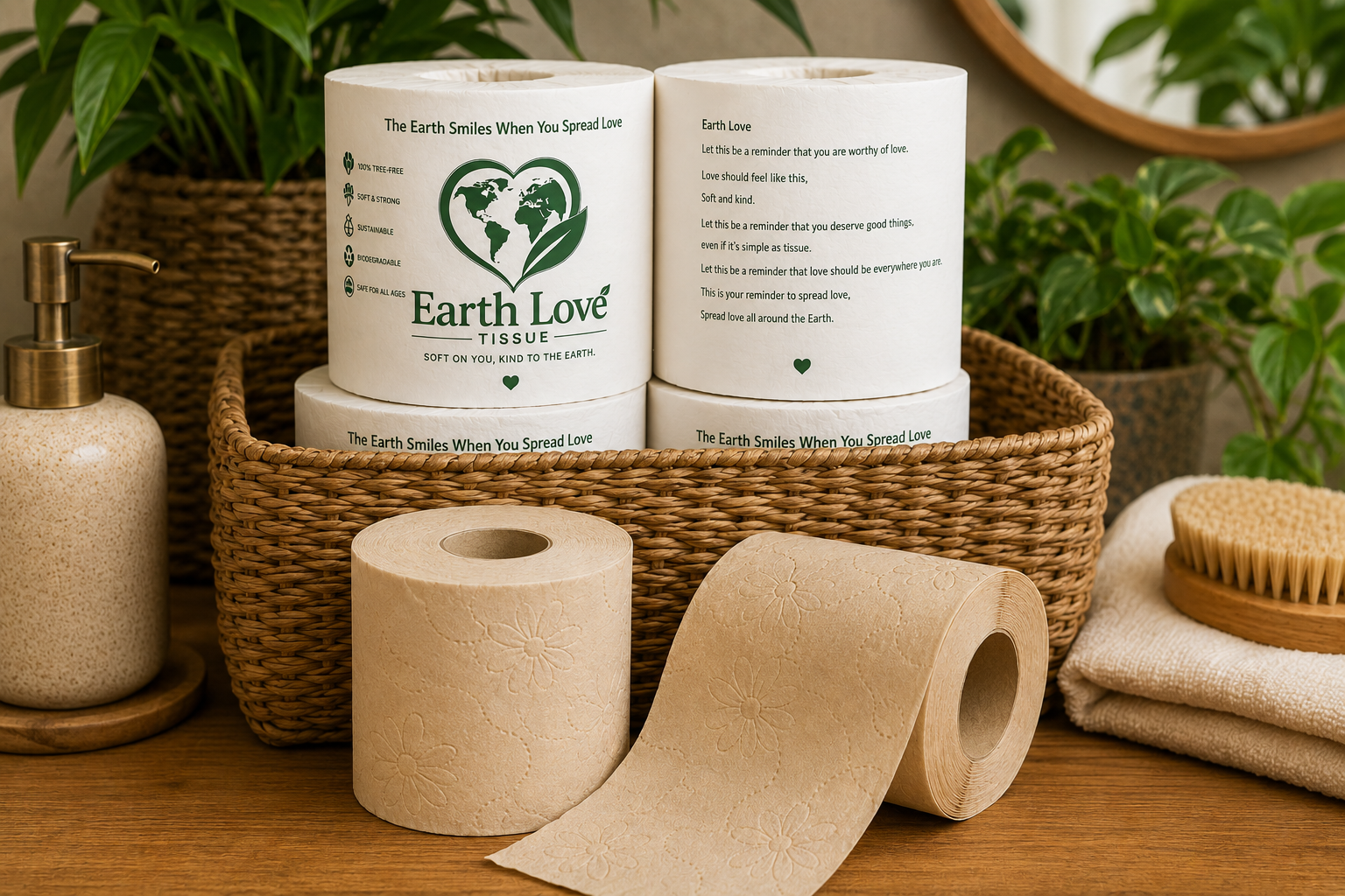 Earth Love Tissue rolls in a basket with branded packaging